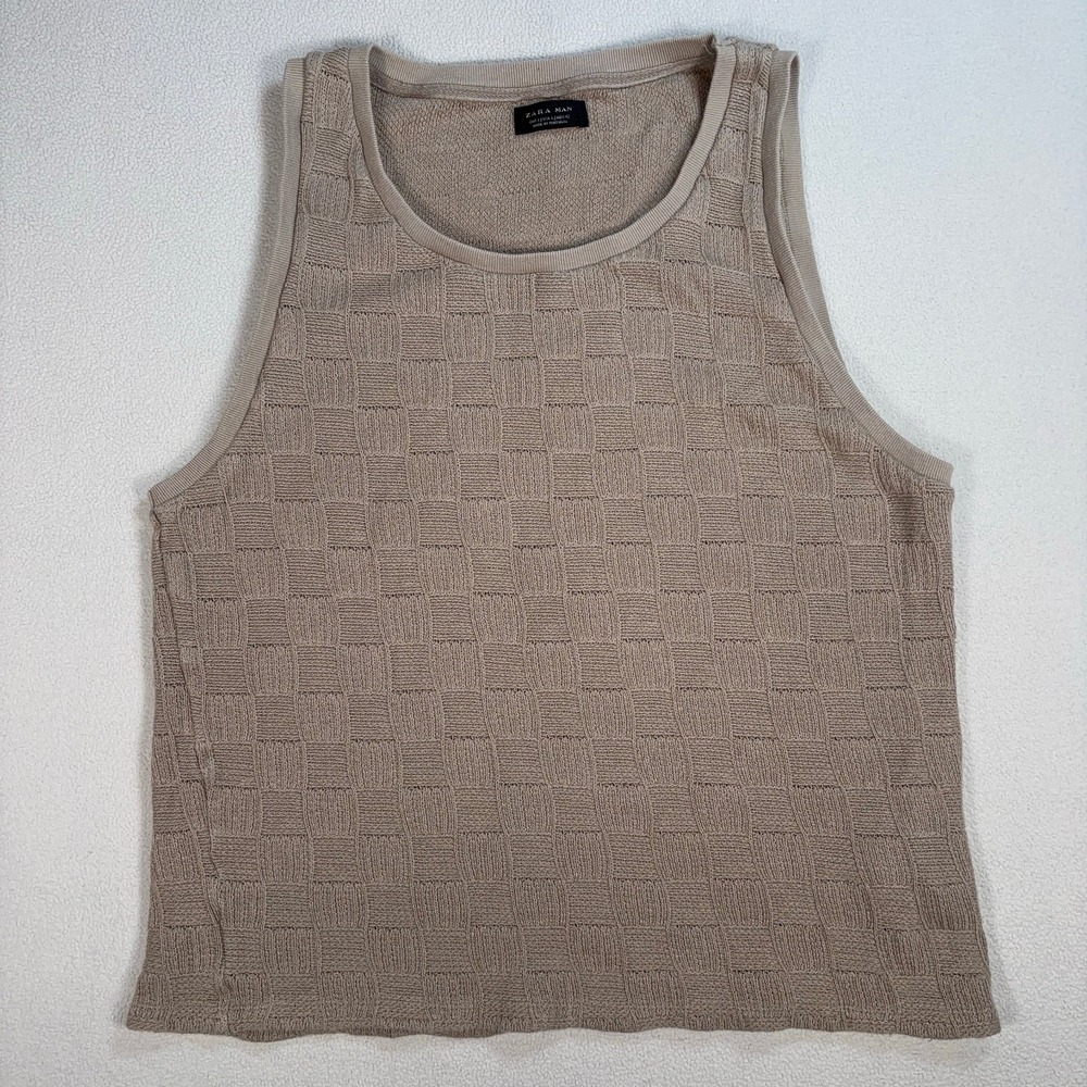 Zara Man Linen-Cotton Weave Tank Top Men's L Beige Texture Geometric‎ Check